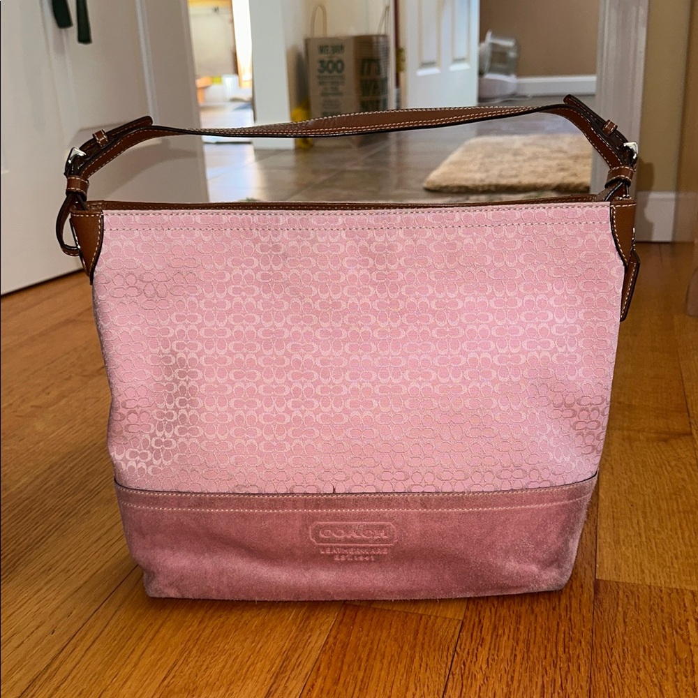 Vintage Pink Coach tote or shoulder Bag with brown & pink leather accents